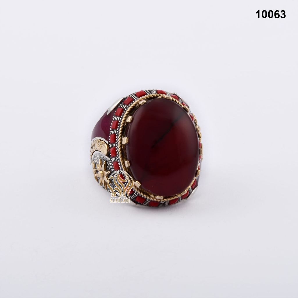 خاتم فضة رجالي تركي مع العقيق اليماني الأحمر الكرزي